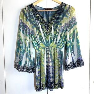 Blue Green Embroidered Ruched Top Mushbaby Sienna Rose Large